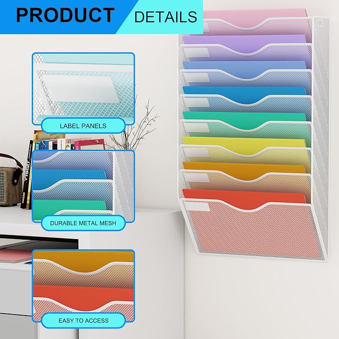 8 Pockets Mesh Hanging Wall File Holder Organizer Wall Mounted Paper Magazine Rack, White - Image 4