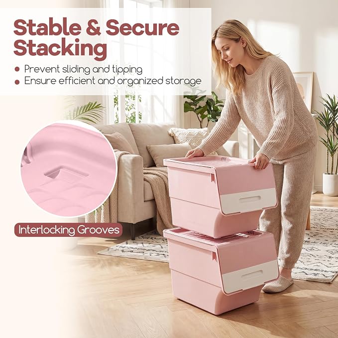 GIANTEX 6 Pack Plastic Stackable Storage Bins with Lids & Wheels, 35 QT | Open Front Stacking Bins, Organizer Bins for Pantry, Kitchen, Laundry, Closet, Playroom, Bedroom Organization - Image 5
