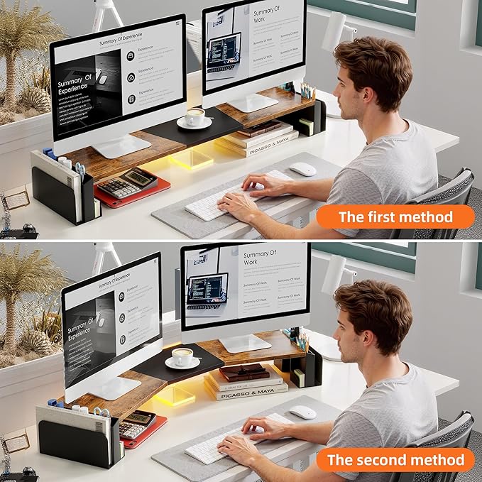 WESTREE Dual Monitor Stand Riser with Storage, Computer Monitor Riser with Adjustable Angle and LED, Desktop Monitor Stand Organizer for Computer, Laptop, Printer - Image 2