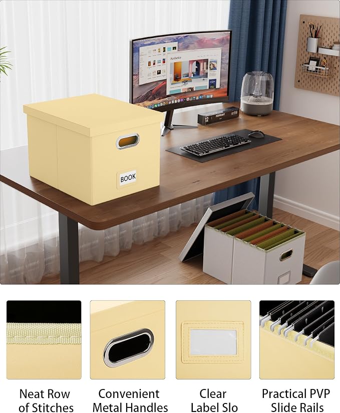 2 Pack File Storage Organizer Box, Portable Document Box with Lid,Fit for Letter/Legal File Folder Storage,Cream-yellow(Leather) - Image 3