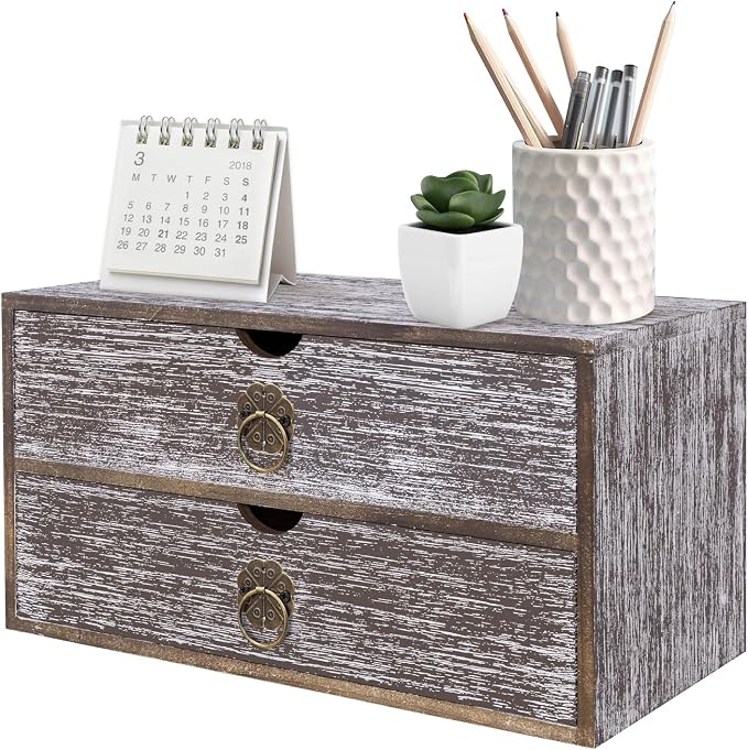 Wood Desk Organizer, Washed Brown Wooden Desktop Organizer with Drawer, Tabletop Storage Organization Box for Countertop, Home Office Supplies, Bills, 13.3 x 6.5 x 7 Inches(2 Drawer) by SEEKELEGANT