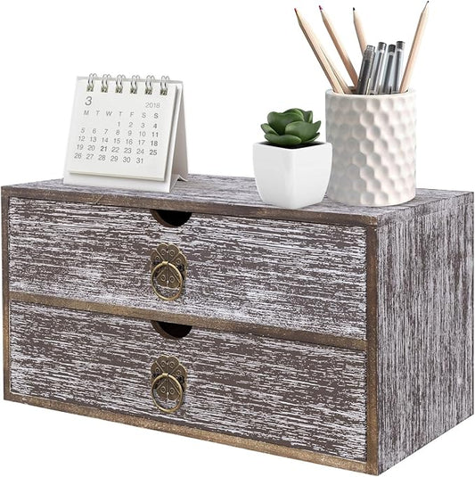 Wood Desk Organizer, Washed Brown Wooden Desktop Organizer with Drawer, Tabletop Storage Organization Box for Countertop, Home Office Supplies, Bills, 13.3 x 6.5 x 7 Inches(2 Drawer) by SEEKELEGANT