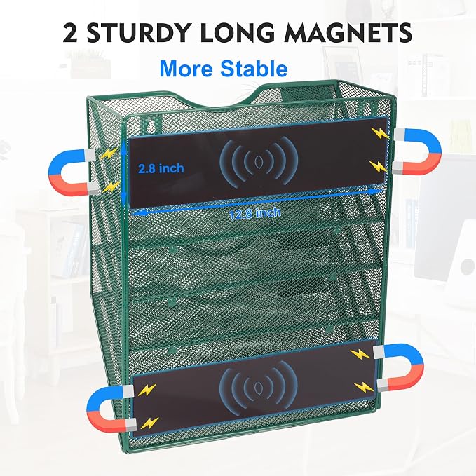 Magnetic 5 Pocket Mesh Hanging File Organizer, Wall Mounted Mail Paper Document Folder Holder, Clipboard Storage Organization Magazine Rack with Nametag Label for Office School, Dark Green - Image 2