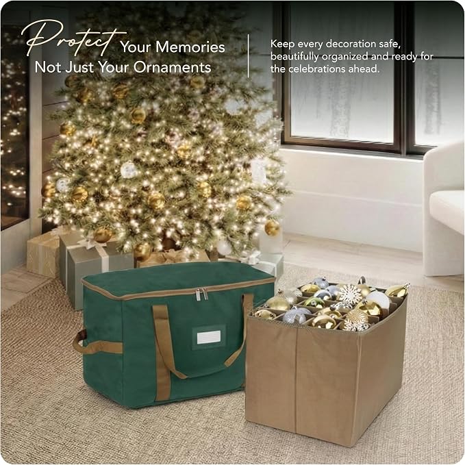 Covermates Keepsakes Adjustable Ornament Storage Bag – Heavy-Duty Polyester, Padded Dividers & FlexGrid Trays – Protective Holiday Ornament Organizer with Handles & Label Window, Green - Image 2