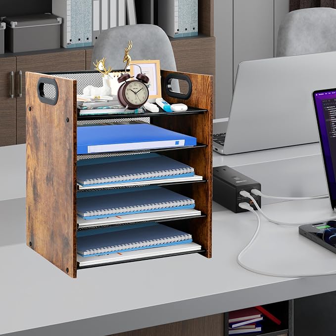 Desk Organizer - 5-Tier Desktop File Organizer, Wooden Paper Tray Organizer, Office Desk Organzier and Accessories for Papers, Mail, Notebooks, Stationery - Image 6
