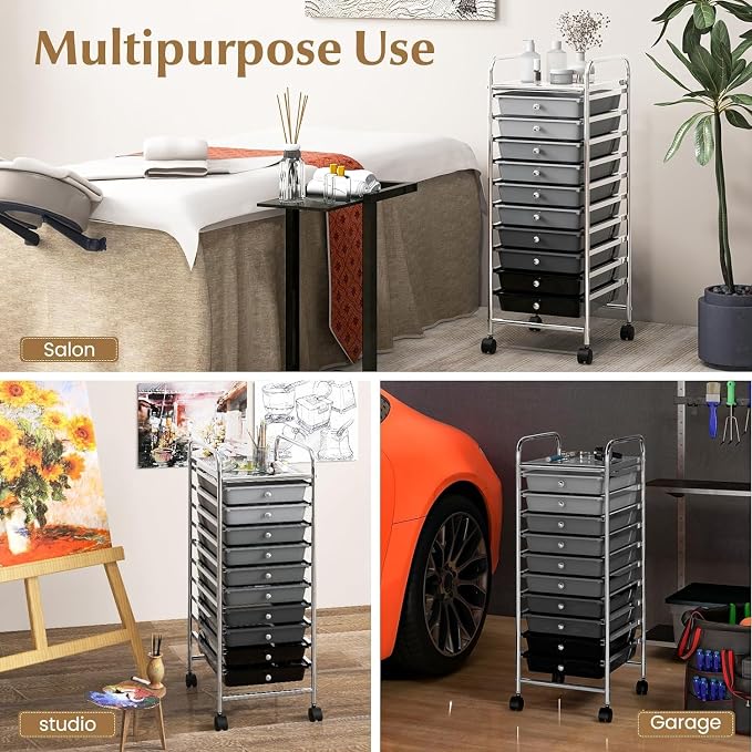 Storage Cart, Rolling Utility Cart with 10 Drawers, Portable Handles & Lockable Wheels, Mobile Paper Toys Storage Organizer Large Capacity for Home Office School Teacher (Gradient Black) - Image 7