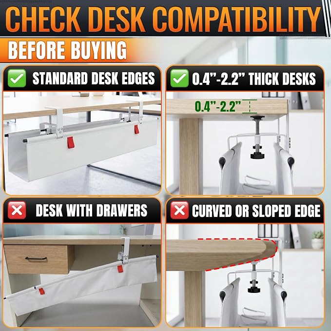 Under Desk Cable Management Tray 36" — No Drill Clamp-On Cord Organizer for Desk with Built-in Ties, Heavy Duty Metal Clamp, Foldable 600D Oxford Fabric for Home Office, WFH & Gaming PC Setup (White) - Image 6