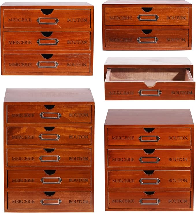 Wooden Desktop Organizer, 5PCS Retro Storage Cabinet Box with Drawers, Mini Tabletop Craft Box Cosmetic Storage Drawer, Portable Desk Letter Mail Sorter for Office Home (Brown) by Netcoin