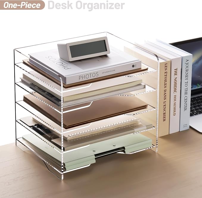 SANRUI Acrylic Paper Organizer Letter Tray, 5 Tier Enlarged File Holder | Clear Desk Organizers and Accessories, Versatile Paper Sorter Desk Shelf for Office Classroom Home,13.8 x 9.6 x 13 in - Image 5