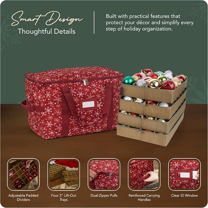 Covermates Keepsakes Adjustable Ornament Storage Bag – Heavy-Duty Polyester, Padded Dividers & FlexGrid Trays – Protective Holiday Ornament Organizer with Handles & Label Window, Red Snowflake - Image 4