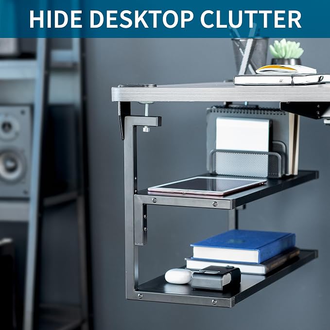 VIVO Black Clamp-on 24 inch 2-Tier Desk Shelf, STAND-SHELF24C | Above or Below Desk, 2 Level Shelving Unit for Table Accessories, Gaming Devices, and More, Storage Tray, Desktop Organizer - Image 6
