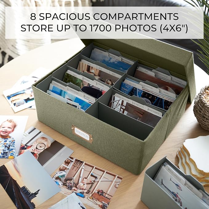 ZICOTO Decorative Photo Storage Box - Sturdy Linen Photo Organizer with Dividers is Perfect to Store Up to 1700 Pictures and 4x6 Photos - Portable Scrapbook Storage Containers with Lid - Image 5