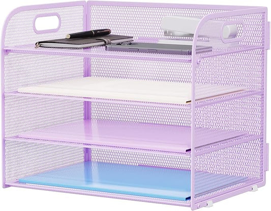 Marbrasse 4 Tier Paper Organizer Letter Tray - Mesh Desk File Organizer with Handle, Paper Sorter Organizer for Letter/A4 Office File Folder Holder (Purple, 12.6" x 9.1" x 10.7") by Marbrasse