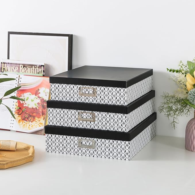 Soul & Lane - Black and White Jumbo Scrapbook Storage Boxes, Set of 3 | Large Decorative Document Box Set with Lids for Organizing Keepsakes and Memories, Wide Cardboard Photo Organizers - Image 6