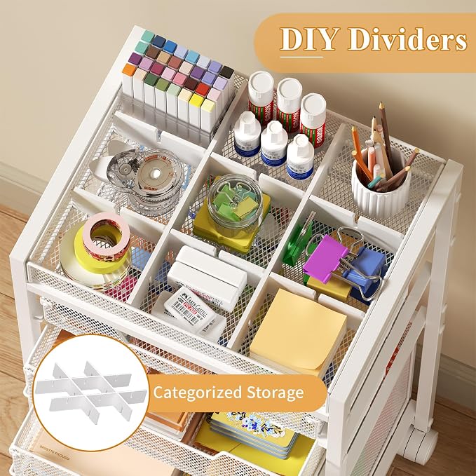 Rolling File Cart with 4 Storage Drawers, Under Desk Filing Cabinet with DIY Divider, Hanging File Folder Organizer on Wheels, Fits A4/Letter Size, Metal Utility Cart for Home Office, White - Image 6