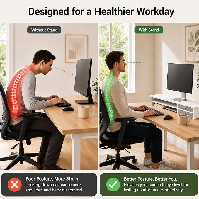 Dual Monitor Stand, 42.5 Inch Wood Monitor Riser with Drawers, 2 Tier Desktop Organizer for Computer Laptop TV, Large Screen Stand for Home Office Desk - Image 4