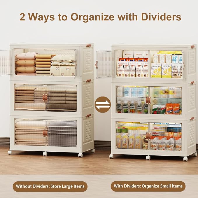 SAILUN 579Qt Stackable Storage Bins,Storage Cabinet with a Lid,3 Pack Cream | Stackable Storage Drawers with Lids,33.5" W x 19" D x 53" H,Featuring open-front Access for Clothes and Closet Storage - Image 5