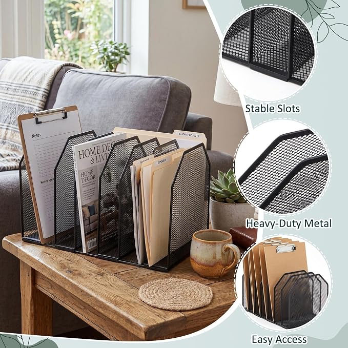 Sliner 2 Pcs Metal Clipboard Holder, 7 Slot Vertical File Organizer,Black | Classroom Clipboard Holder, Mesh Desk File Storage Rack, Desktop Wire Document Sorter for School Teacher Home Office Supplies - Image 4