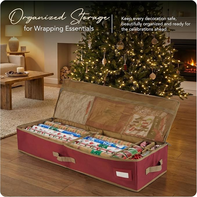 Covermates Keepsakes Gift Wrap Storage Organizer – Heavy-Duty Polyester with Buckle Straps & Interior Pockets – Holds Up to 15 Rolls of Gift Wrap with Handles & Label Window, Red - Image 2