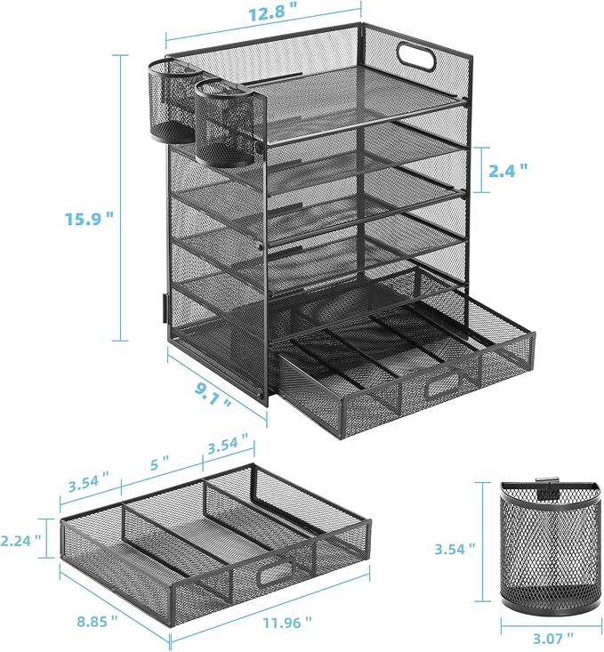 Lavatino 6-Tier Paper Organizer Letter Tray with Drawer - Mesh Desk File Paper Office Supplies Sorter Organizer for Office, Home or School File Folder Holder - Black - Image 5