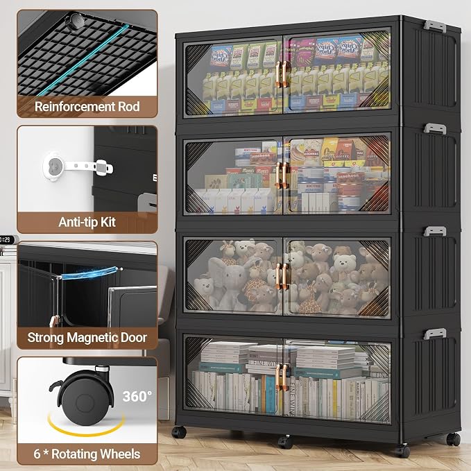 BROVIEW V60 880QT Plastic Stackable Storage Bins with Lid, 4Pack Black | 220Gal Extra Large Closet Organizers Collapsible Cabinets Boxes With Drawer, Foldable Container with 6x Wheels for Home - Image 5