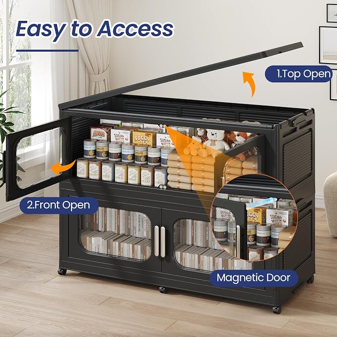 250Gal Exra Large Stackable Storage Bins with Lid, 1000QT Collapsible Storage Box with 6x Wheels, Folding Plastic Cabinet Container with Door Drawer for Home Kitchen Office Dorm, 5Pack Black - Image 4