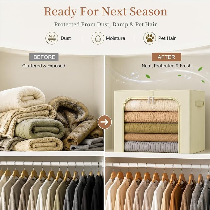GoMaihe Clothes Storage Bins with Metal Frame for Closet, 40L 4-Pack Beige | Sweaters Hoodies Jeans T-Shirt, Closet Top Shelf Organizer, Collapse-Proof Stackable, Clear Window, Dual Access Space Saving - Image 7