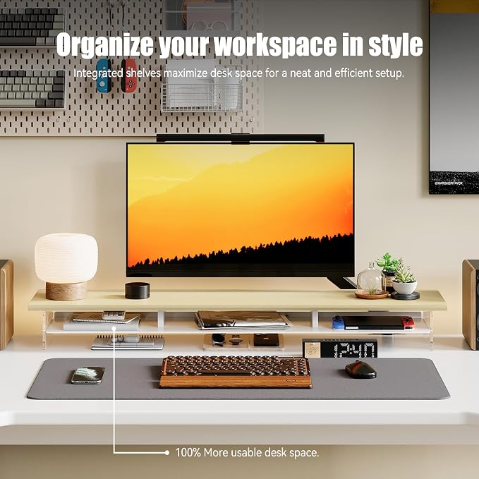 FENSULN Dual‑Tier Monitor Stand for Modern Desk Setup – Minimalist Wooden and Metal Riser Shelf with Transparent Acrylic Feet for Dual Monitors, Laptops, Home Office Aesthetic，Beige and White - Image 2