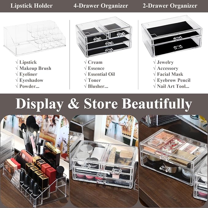 Sea Team 3-Tier Stackable Clear Acrylic Makeup Organizer with Drawers | Cosmetic Display Case, Jewelry Storage Box, 6 Drawers and 1 Lipstick Holder, Ideal for Vanity, Dresser, Bathroom, Countertop - Image 5