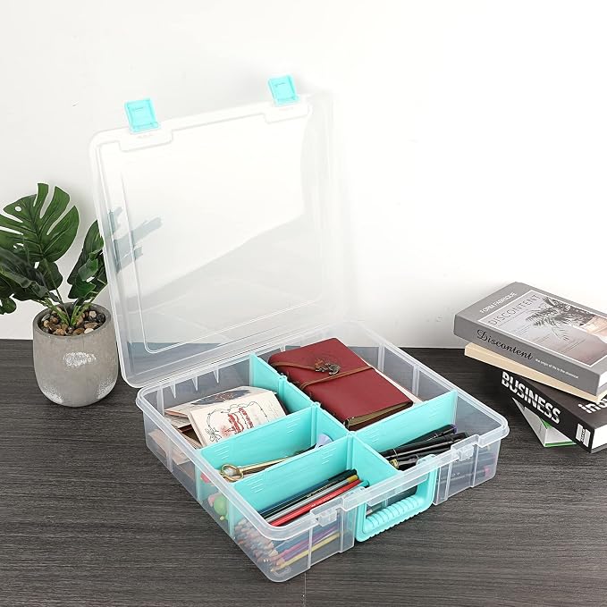 BTSKY Clear Plastic Dividing Storage Box with 8 Compartments Adjustable Storage Bin with Lid Portable Craft Storage Container Multipurpose Sewing Box Art Supply Organizer, 15.1x13.9x3.5 Inches | 15.1x13.9x3.5 Inches Adjustable Storage Bin with Lid Port... - Image 2