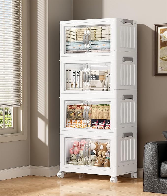 Hanyi 140 QT Stackable Storage Bins with Lids, 4 Tier Collapsible Plastic Storage Cabinet with Magnetic Doors, Removable Top Lid, Locking Wheels, Closet Organizer for Bedroom, Pantry, Office by Unknown