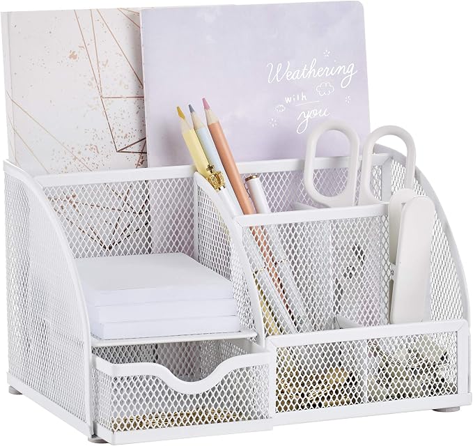Exerz Desk Organizer 7 Compartments Metal Mesh Pen Holder Caddy White | Compact White Desktop Storage for Notes Clips Scissors Rulers Craft Tools Makeup Study and Home Use - Image 8