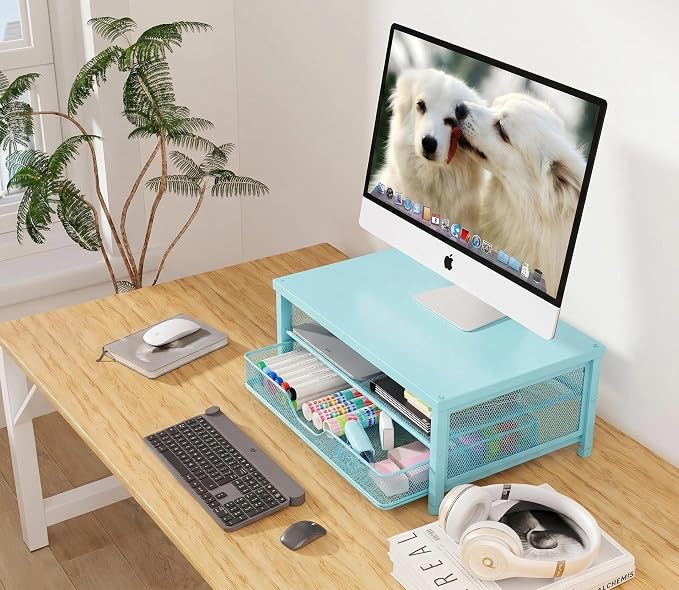 Computer Monitor Stand Riser, Desk Organizer with Drawer, Printer & Laptop Stand, Office Desk Accessories & Workspace Desktop Organizers Storage for Office Supplies(Blue) - Image 4