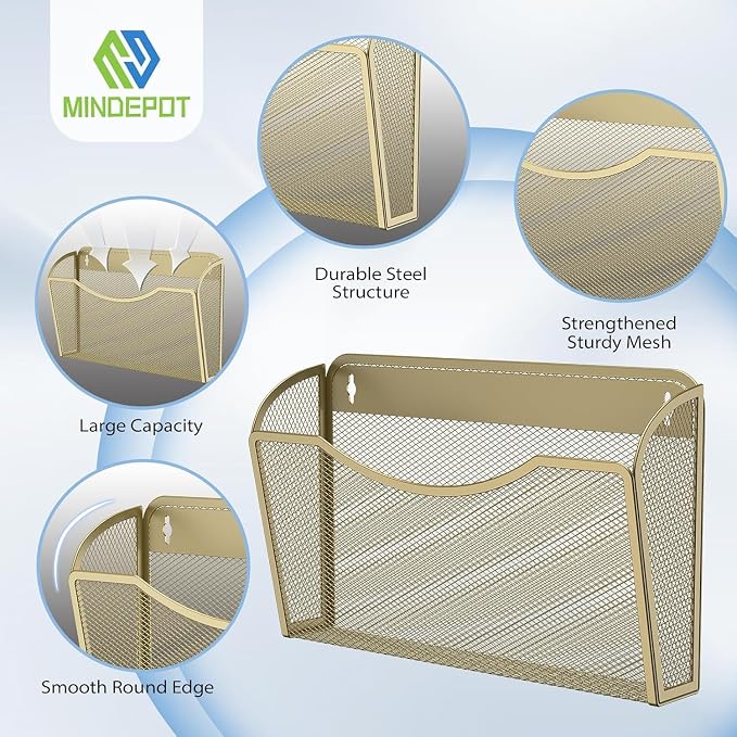 MINDEPOT Wall File Organizer, Hanging Wall File Holder, 2 Pack, Gold | Heavy Duty Iron, Metal Mesh Wall Mount, Single Pocket, Mail Organizer, for Office School Classroom Home, Letter A4 Size - Image 3