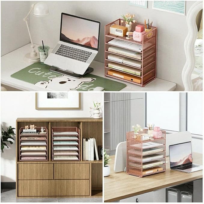 6 Trays Paper Organizer with Handle - Mesh Desk File/Letter Paper Sorter Organizer for Office, Home or School (Rose Gold) - Image 4