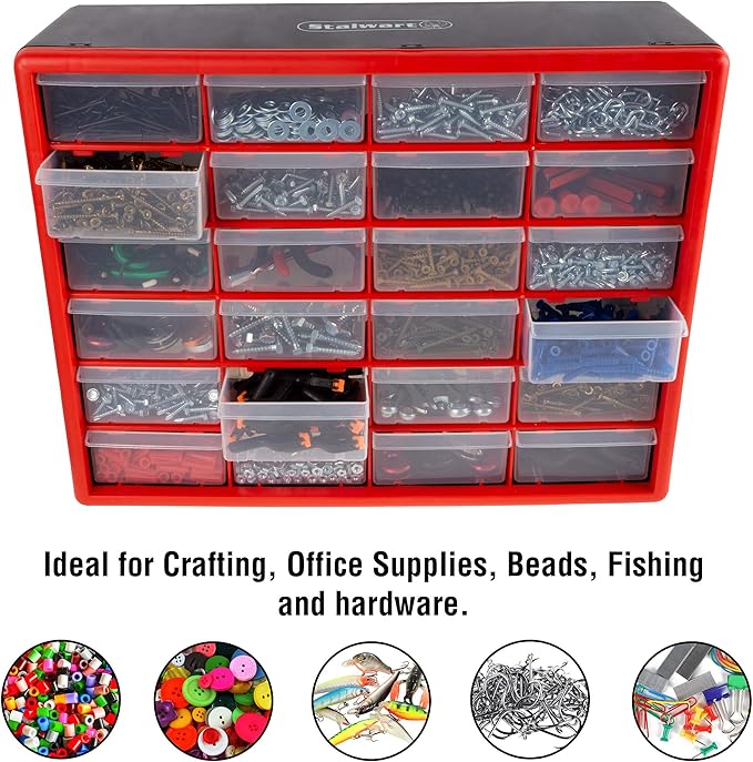 24 Plastic Drawers Organizer - Compartment Storage - Desktop and Wall Mount Container for Hardware, Parts, Crafts, Beads, and Tools by Stalwart (Red) - Image 6