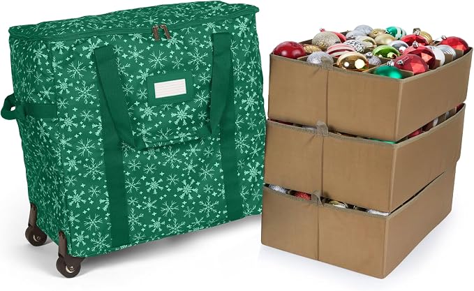 Covermates Keepsakes Rolling Adjustable Ornament Storage Bag – Heavy-Duty Polyester, FlexGrid Trays & Padded Dividers – Protective Holiday Organizer with Wheels, Handles & ID Window, Green Snowflake by Covermates