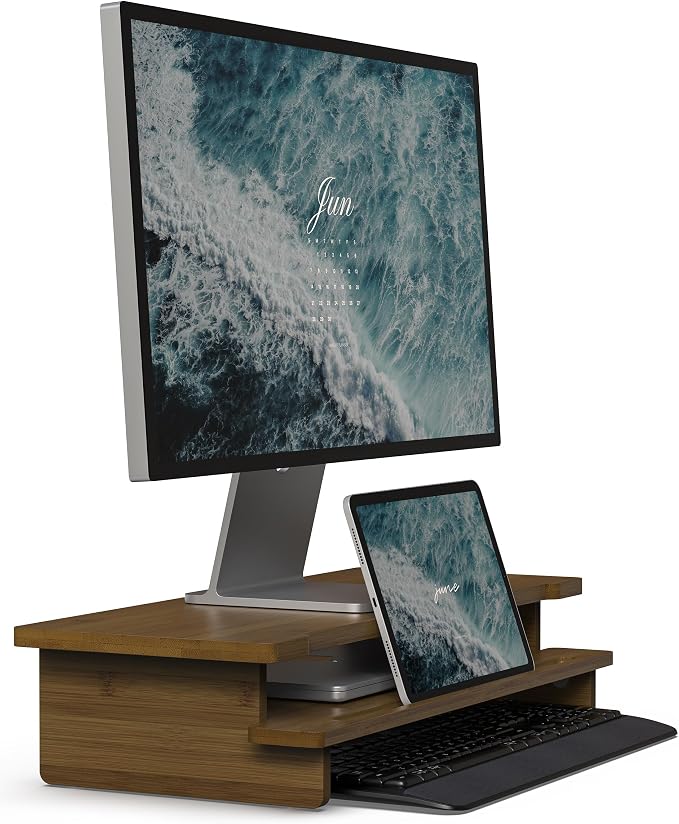 23” Monitor Stand with Phone Tablet Holder Bamboo Desk Shelf | Monitor Riser for 40-55” Desk Cozy Computer Setup Workplace Organizer Keyboard Storage Toasted Bamboo Color Compact Ergonomic by WELLWENG