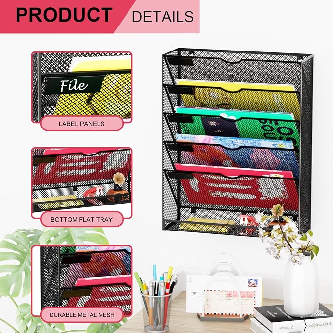 Hanging Wall File Organizer 6 Tier Wall Mounted Mail Paper Folder Holder Document Organization Stand, Vertical Desk Magazine Rack for Office Home Cubicle Countertop, Black - Image 4