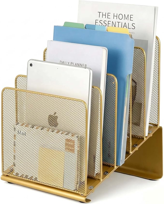 LEKETREE File Organizer for Desk, File Folder Organizer with 5-Section Vertical Rack, Suitable for Home Office Document Organization and Storage(Gold) by Stylishworkspaceeffortlessorganization