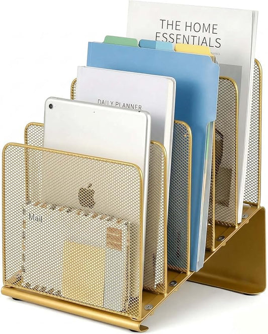 LEKETREE File Organizer for Desk, File Folder Organizer with 5-Section Vertical Rack, Suitable for Home Office Document Organization and Storage(Gold) by Stylishworkspaceeffortlessorganization
