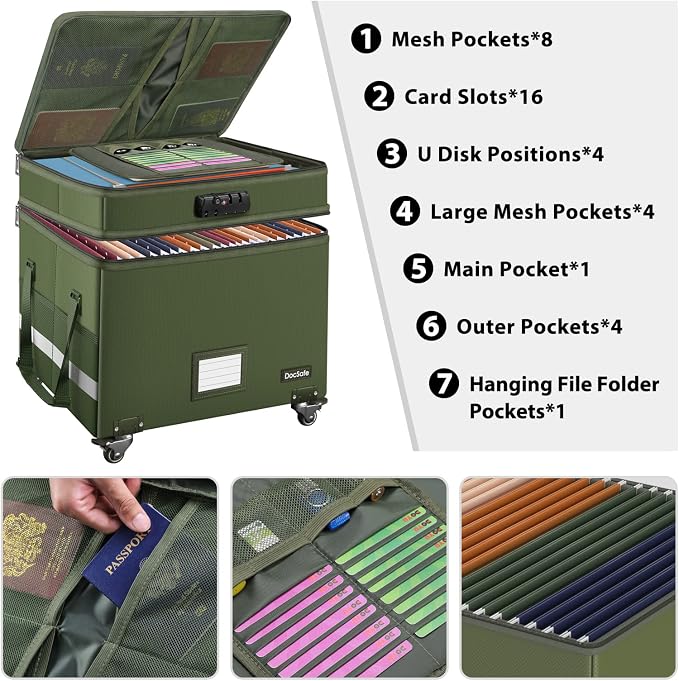 DocSafe File Box with Lock,2-Layer Fireproof Document Box with Wheels,Collapsible Rolling File Storage Organizer with Pockets,Large Portable Home Office Filing Cabinet Safe for Hanging Folders,Green - Image 2