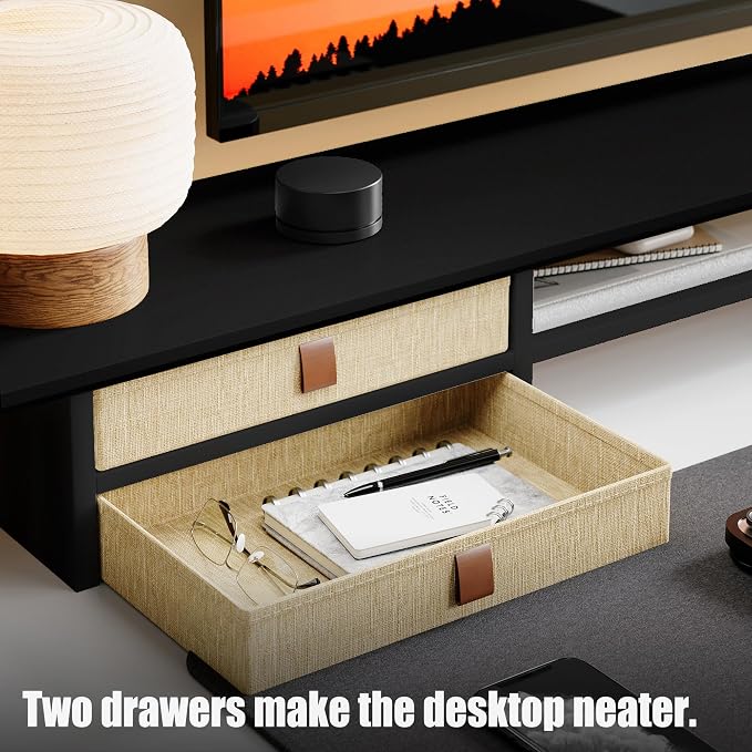 FENSULN Dual‑Tier Monitor Stand Riser with Drawers, Desktop Organizer Shelf Storage for Computer Screen 2 Monitors, Supports for PC Computer Monitor, Printer, Heavy TV Riser Black - Image 3