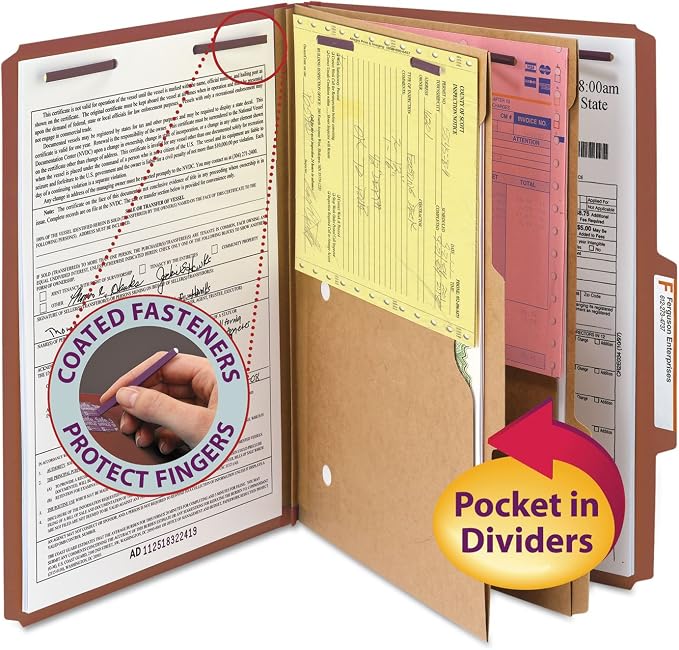 Smead Pressboard Classification File Folder with SafeSHIELD Fasteners, 2 Pocket Dividers, 2" Expansion, Legal Size, Red, 10 per Box (19079) by SMEAD