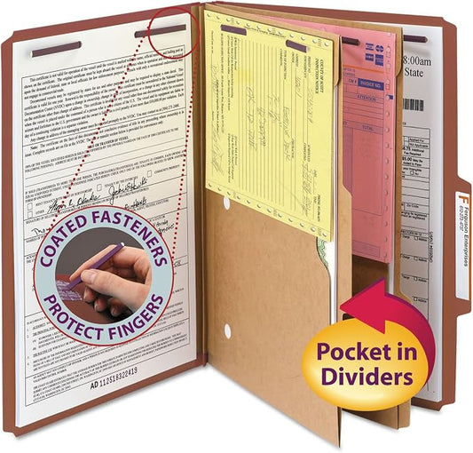 Smead Pressboard Classification File Folder with SafeSHIELD Fasteners, 2 Pocket Dividers, 2" Expansion, Legal Size, Red, 10 per Box (19079) by SMEAD