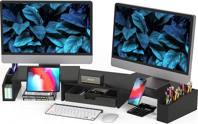Simple Houseware Desk Dual Monitor Stand Riser with Drawer, Black | Customizable Organizer Tray, Built-In Phone & Tablet Slot and Side Storage by SimpleHouseware