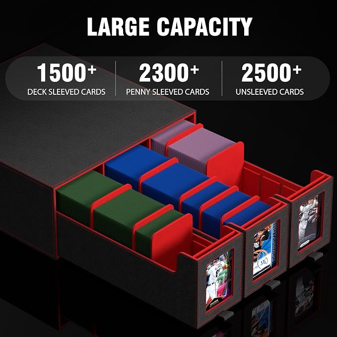 3-Drawer Trading Card Storage Box Holds 2500+ Cards(Red) | Stackable design,15 dividers included,Desktop card organizer,PU leather material‌,for sports/TCG/MTG/Pokemon cards - Image 4
