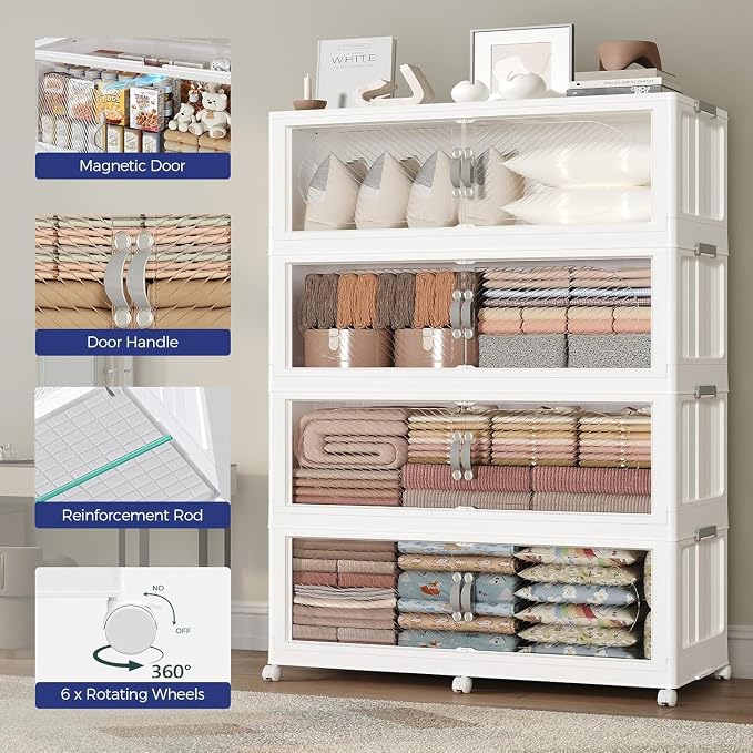 960QT Extra Large Stackable Storage Bins with Lid, 240Gal Plastic Closet Organizers and Storage Drawer, Collapsible Cabinet Box with Wheels Clear Doors for Home Kitchen Garage, 4Pack White - Image 6