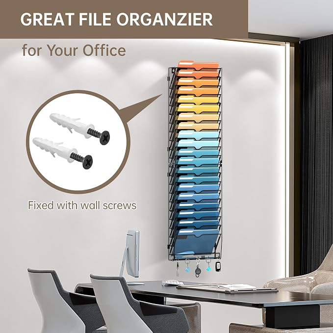 21-Tier Hanging Wall File Organizer with Hooks for Office Organization | Mesh Wall File Holder, Mail Organizer Wall Mounted for Papers, Documents, Folders and Magazines in Home Office, Classroom - Image 3