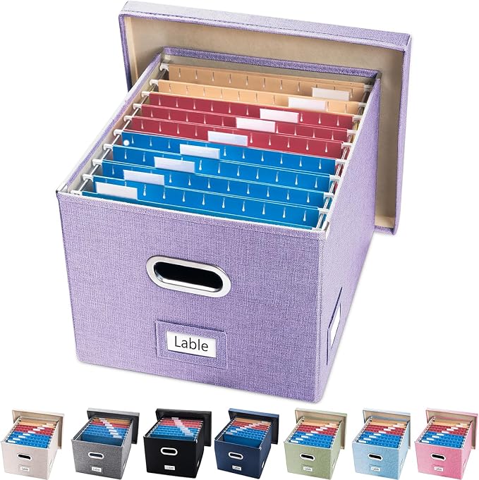 File Organizer Box - Set of 1 Collapsible Decorative Linen Filing Storage Hanging File Folders with Lids Office Cabinet Letter/Legal Purple (17x14x11.2 inch) by Prandom